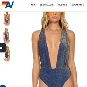 Aviator Nation SPARKLE COMO DEEP PLUNGE CROSS BACK WOMENS ONE PIECE - NAVY NWT M